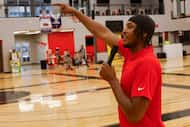 Indiana Pacers Center Myles Turner speaks to campers as he hosts a basketball camp at Drive...
