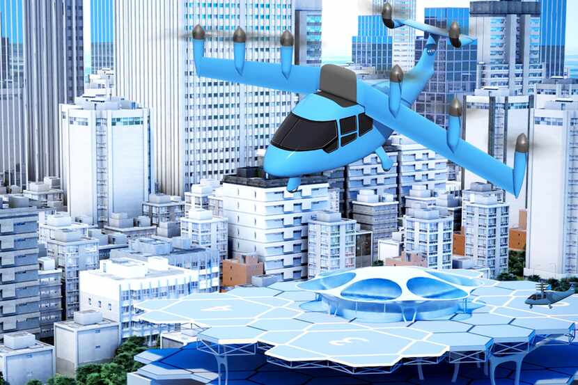 This NASA illustration shows a possible future air taxi hovering over a municipal vertiport....