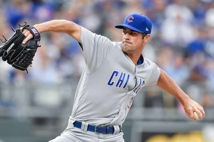 Chicago Cubs starting pitcher Cole Hamels pitches in the first inning during Monday's...