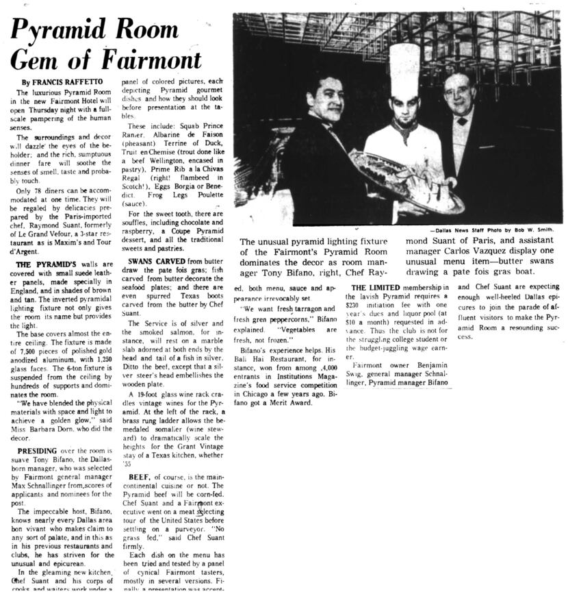 A 1968 Dallas Morning News feature trumpeted the opening of the Pyramid Room in the Fairmont...