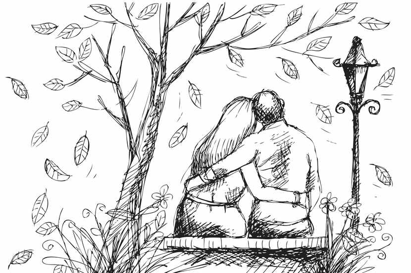 cute hand drawn style couple sitting on bench