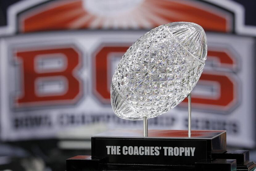 In this Jan. 9, 2012, file photo, the Coaches' Trophy is displayed before the BCS National...