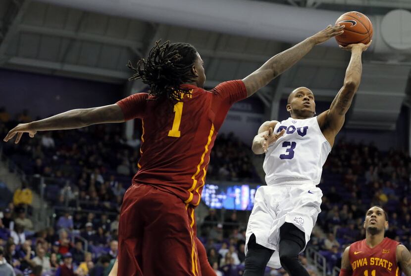 Iowa State forward Jameel McKay (1) attempts to block a shot by TCU's Malique Trent (3) in...