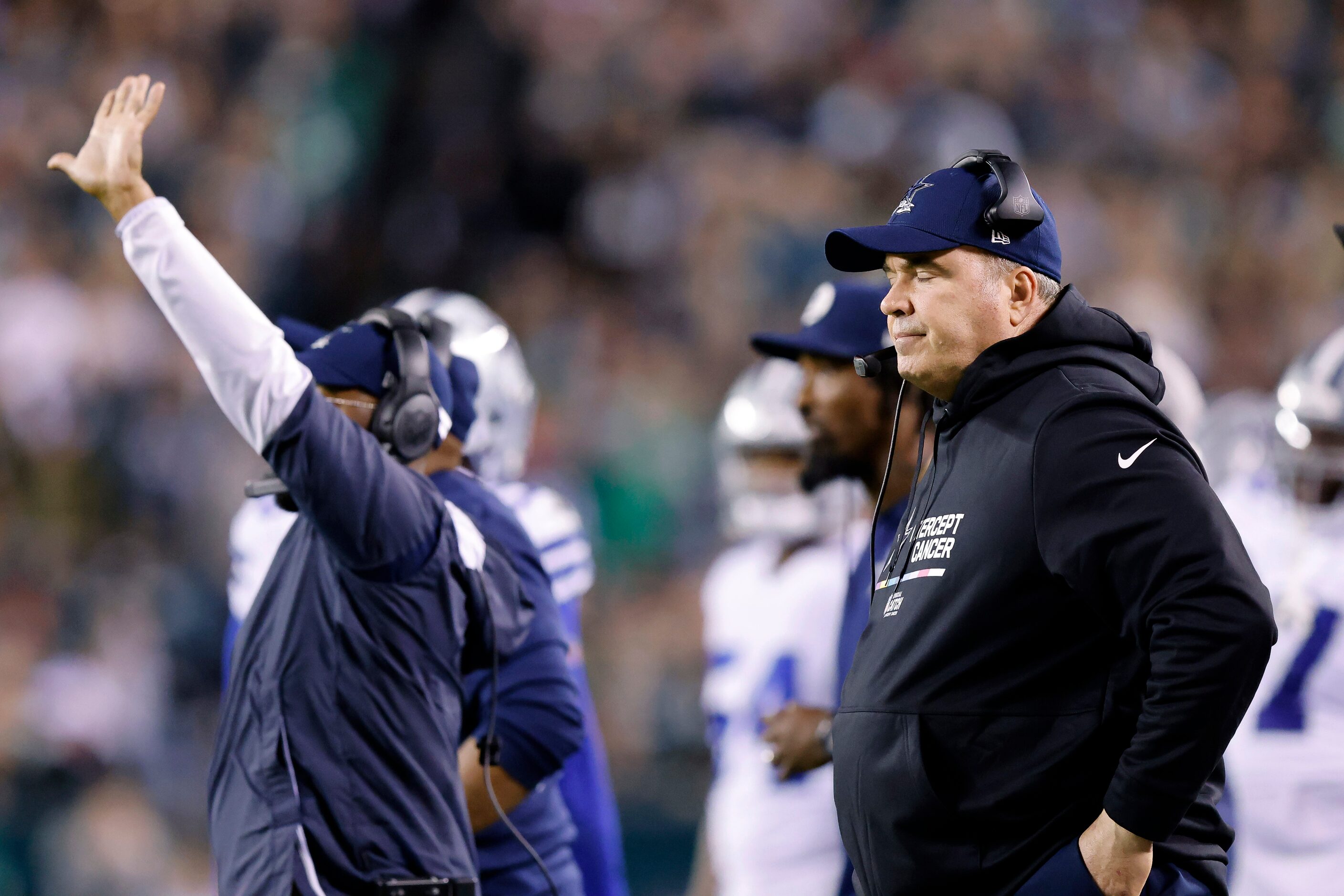 Dallas Cowboys head coach Mike McCarthy reacts after they were penalized on 4th down in the...