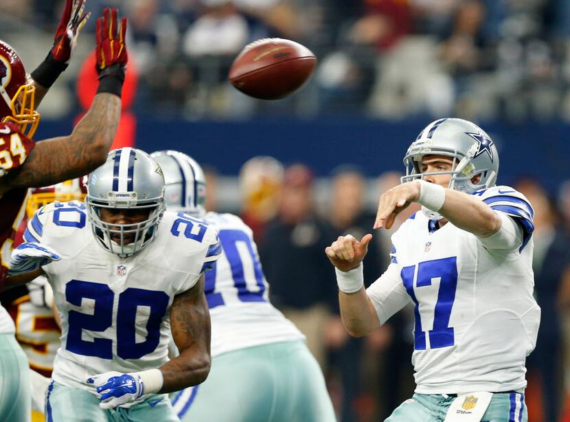 Dallas Cowboys quarterback Kellen Moore (17) has a pass knocked down by Washington Redskins...