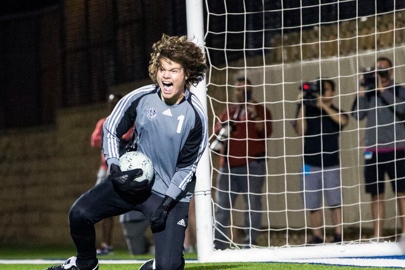 Lewisville Flower Mound goalkeeper Landon Leach (1) celebrates after stopping the ball in...
