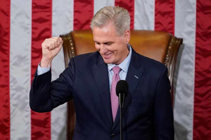House Speaker Kevin McCarthy of California reacted after being sworn in on the House floor...