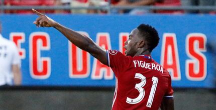 FC Dallas defender Maynor Figueroa (31) celebrates scoring the final goal of the first half...