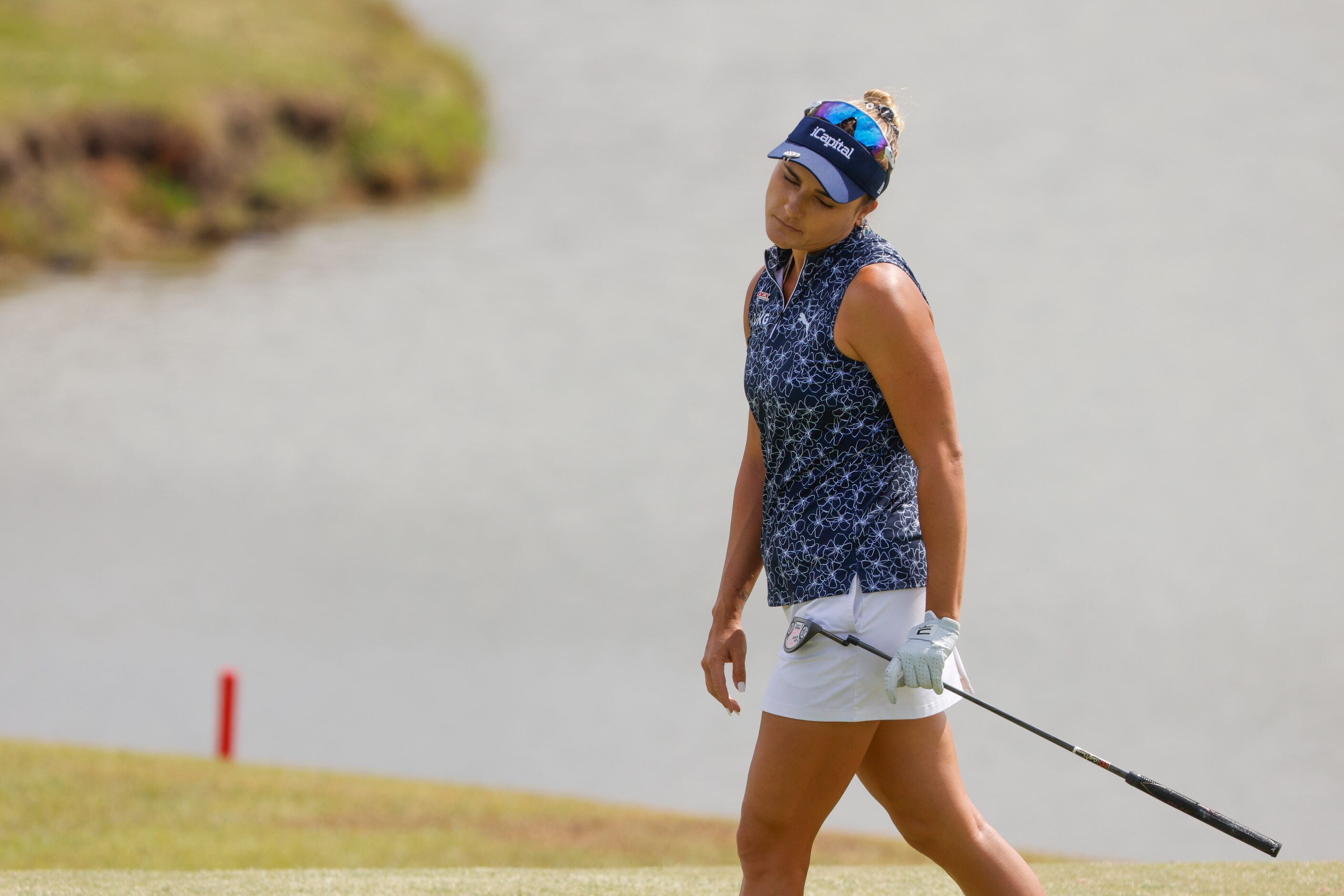 Lexi Thompson of the United States reacts after missing to putt on the 18th hole during the...