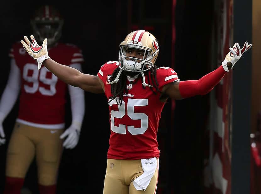 San Francisco 49ers cornerback Richard Sherman pumps up the crowd during the Chicago Bears...
