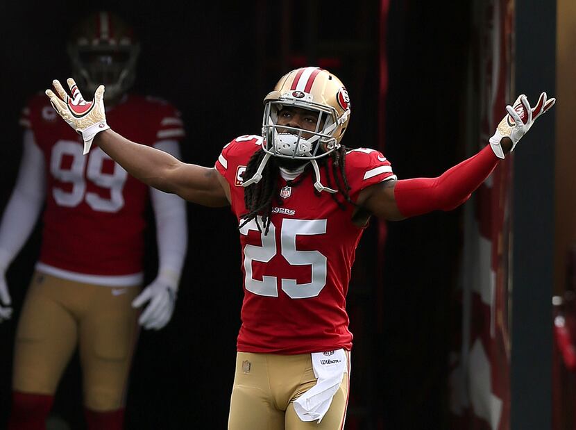 San Francisco 49ers cornerback Richard Sherman pumps up the crowd during the Chicago Bears...