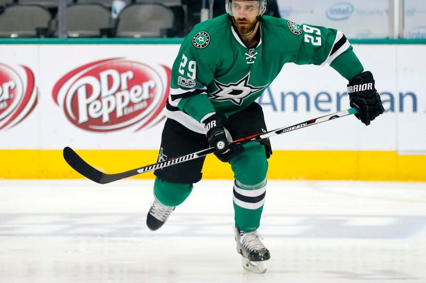 Dallas Stars defenseman Greg Pateryn (29) skates back to the bench during the second period...