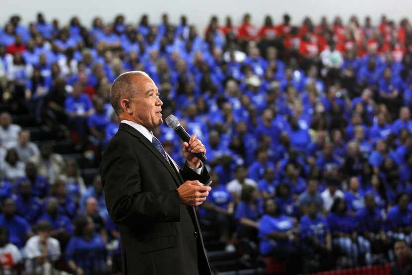 Dallas Superintendent Mike Miles delivers his  2013-14 convocation speech to teachers in...