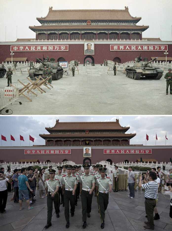 In this combination of photos, a June 10, 1989 file photo, top, shows Peoples Liberation...