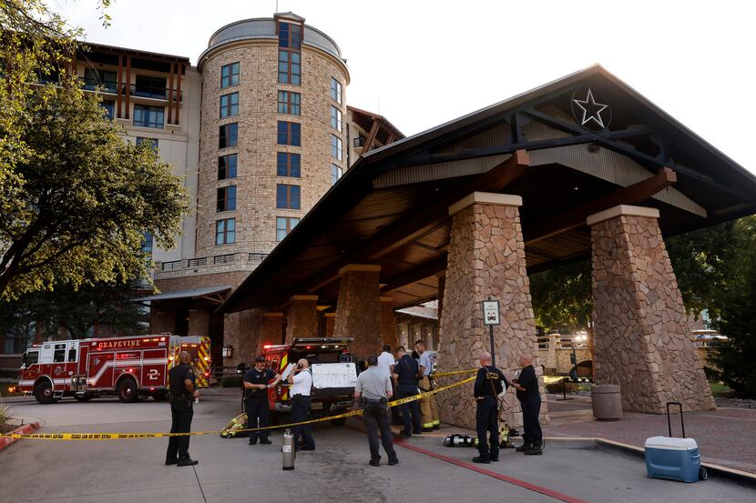 Fire officials set up a command post outside the Gaylord Texan Resort & Convention Center...