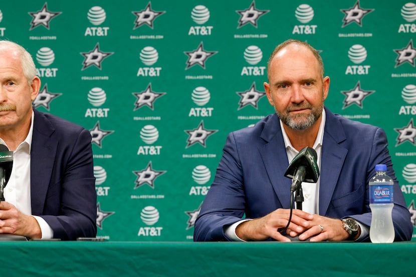 Jim Nill, Dallas Stars general manager (left), and Peter DeBoer, Dallas Stars head coach,...