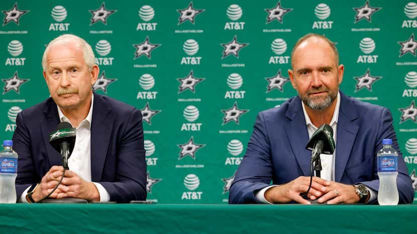 Jim Nill, Dallas Stars general manager (left), and Peter DeBoer, Dallas Stars head coach,...