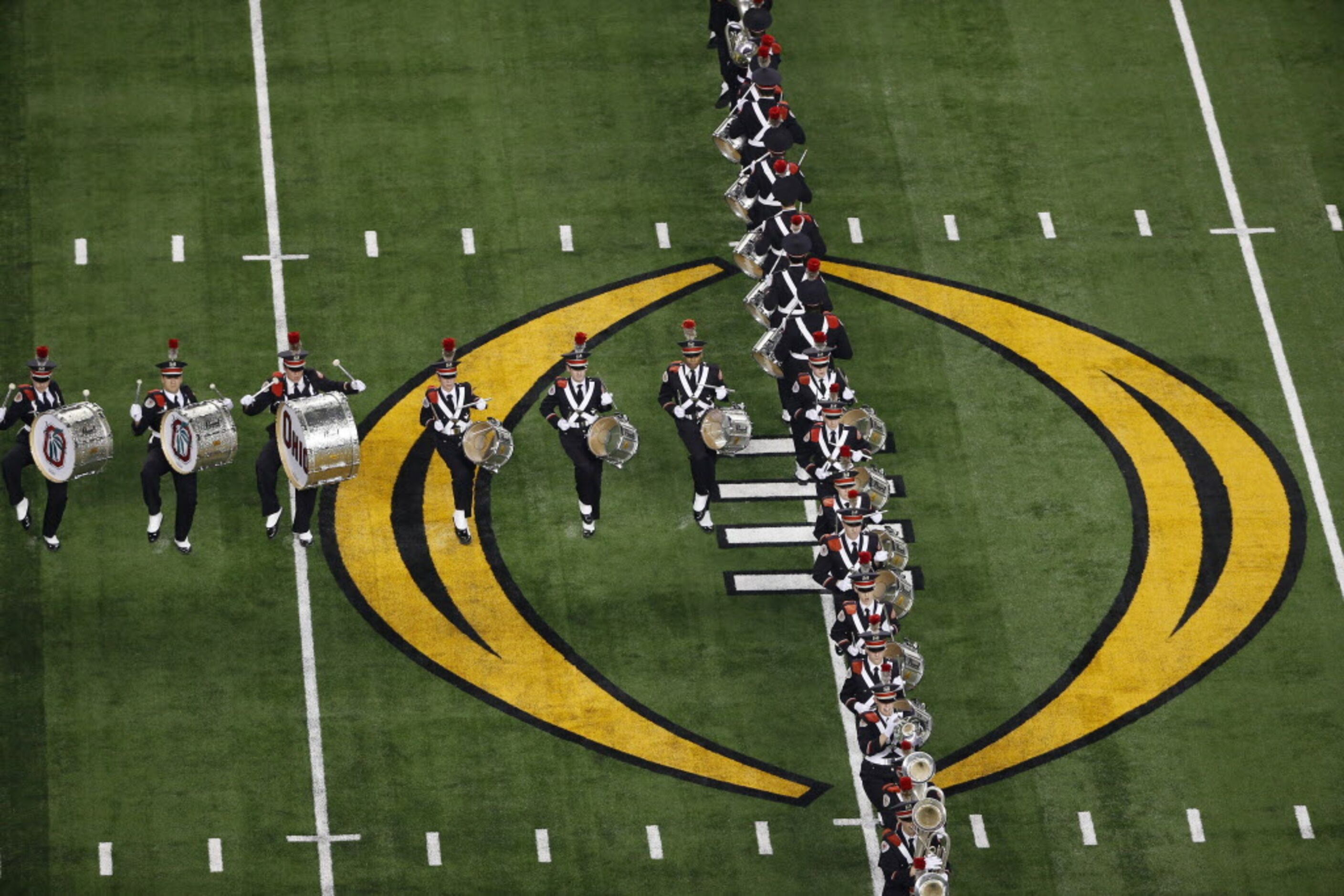 The Ohio State Buckeyes marching band performs during the pre game show before the College...