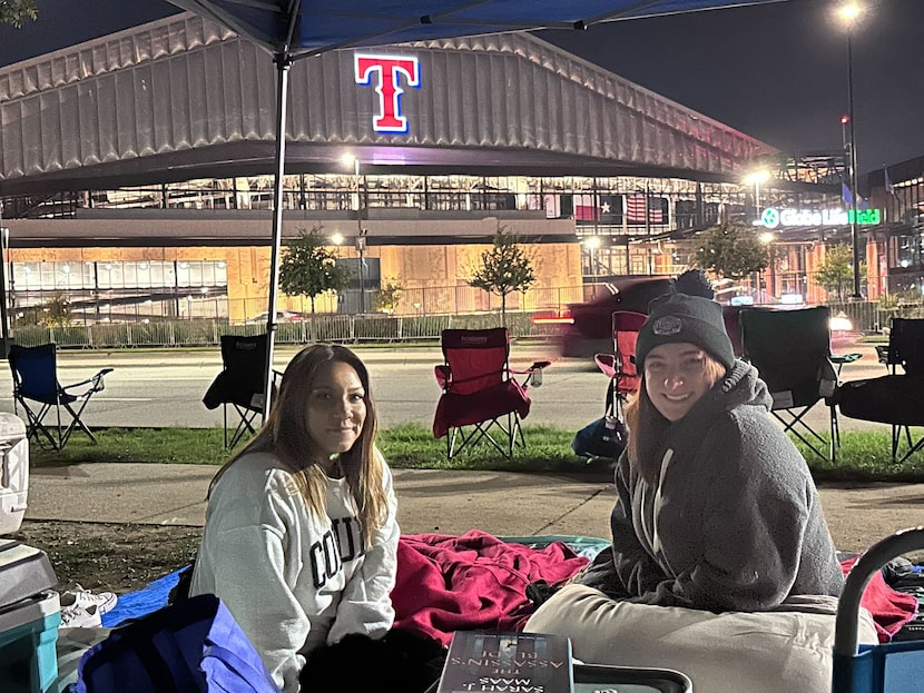 Nancy Montes, left, and Mollie Barnes arrived at 3:30 a.m. Friday, Nov. 3, 2023, to stake...