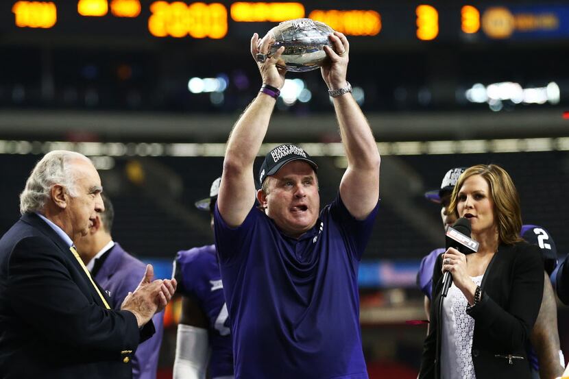 ATLANTA, GA - DECEMBER 31: Head coach Gary Patterson of the TCU Horned Frogs celebrates with...