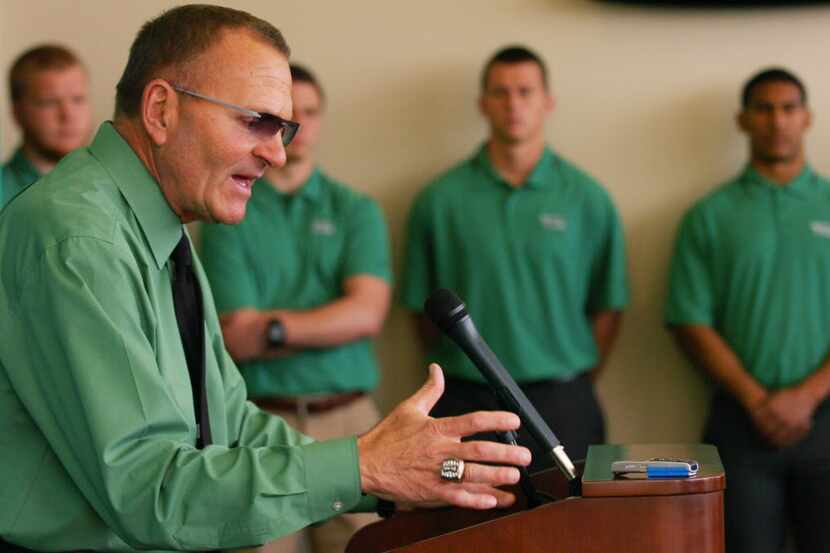 Head coach Dan McCarney speaks at the University of North Texas football Signing Day press...