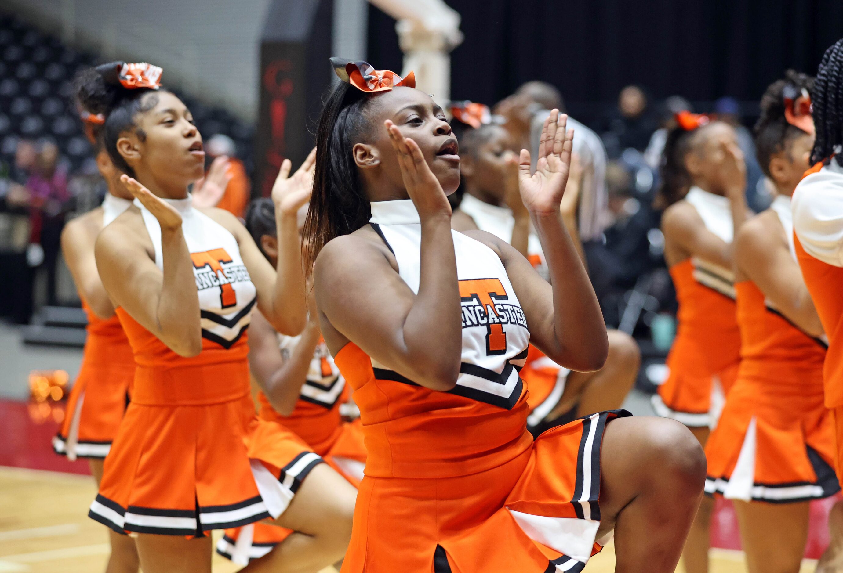 Lancaster cheerleaders yell during the second half of Class 5A Boys Region II State...