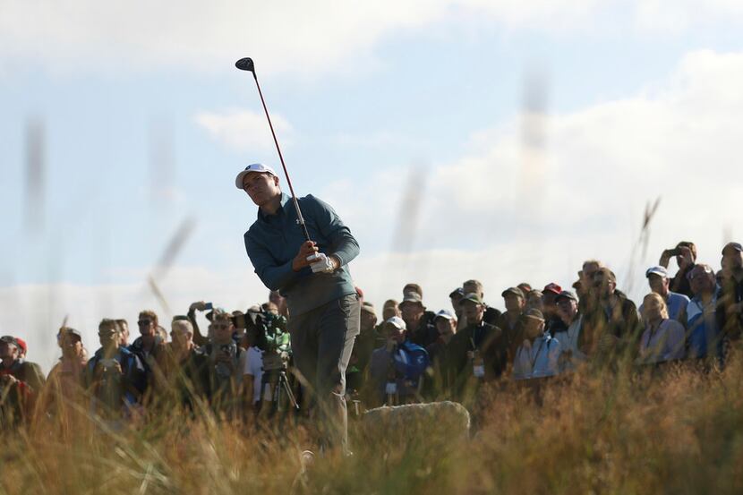 Jordan Spieth of the US plays off the 15th tee during the second round of the British Open...