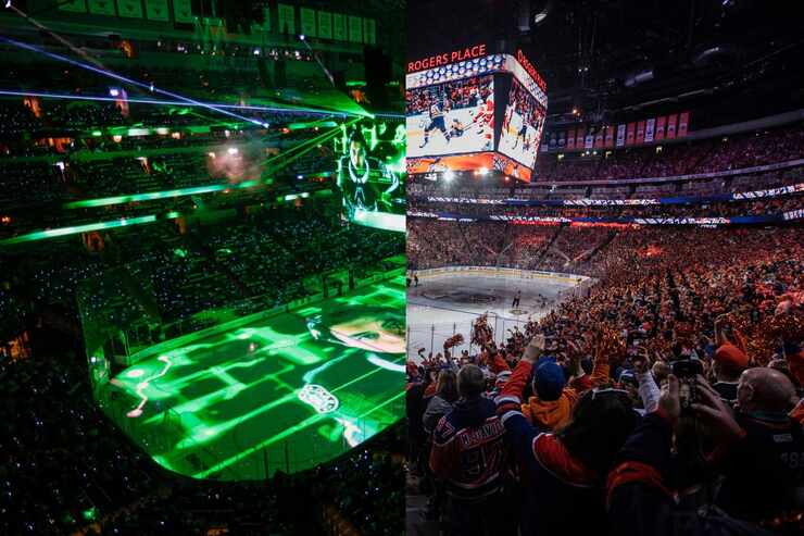 Left: The ice of the American Airlines Center is shown prior to Game 5 of the Dallas Stars'...