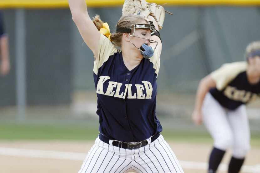 Keller senior pitcher Kaylee Rogers throws during the first inning of a playoff high school...