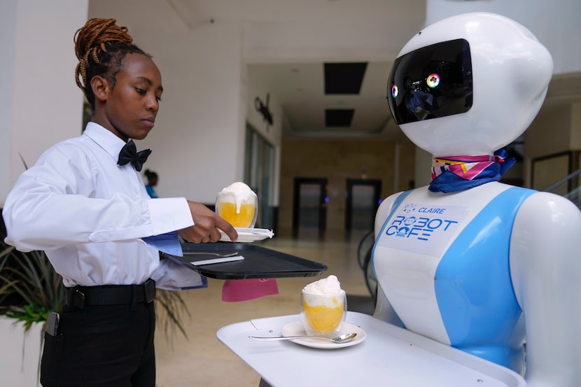 Robotic waiter Claire, receives an order from a human waiter to deliver to customers at the...