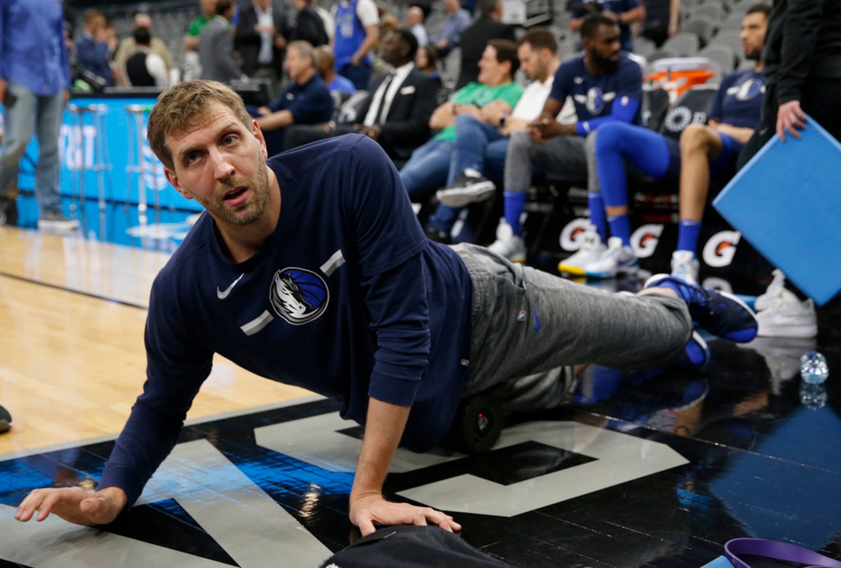 Dallas Mavericks forward Dirk Nowitzki (41) stretches before a game against the San Antonio...