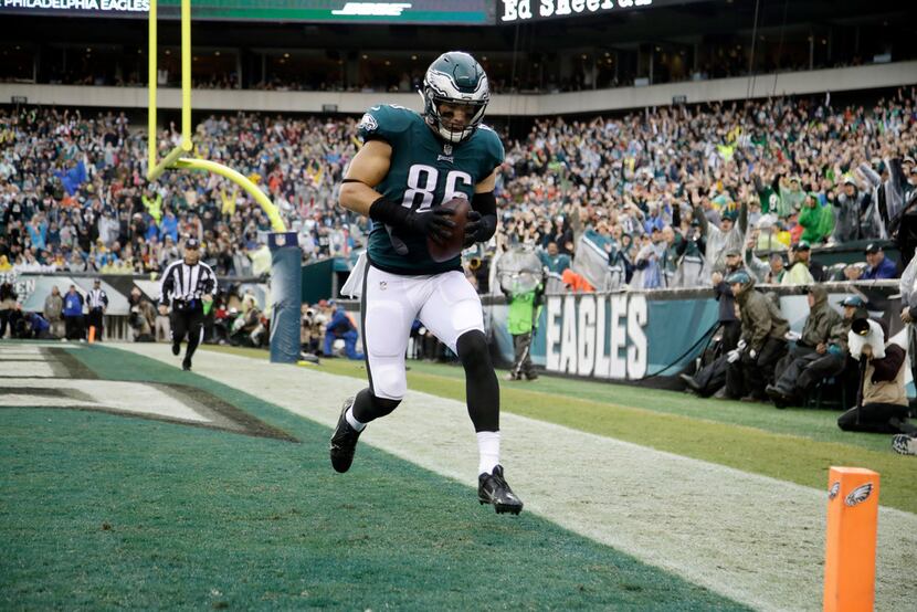 Philadelphia Eagles' Zach Ertz scores a touchdown on a pass from Carson Went during the...