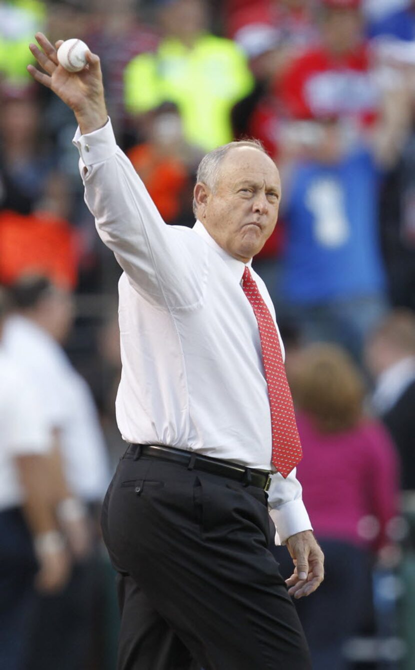 Nolan Ryan threw out the first pitch as  the San Francisco Giants play the Texas Rangers in...