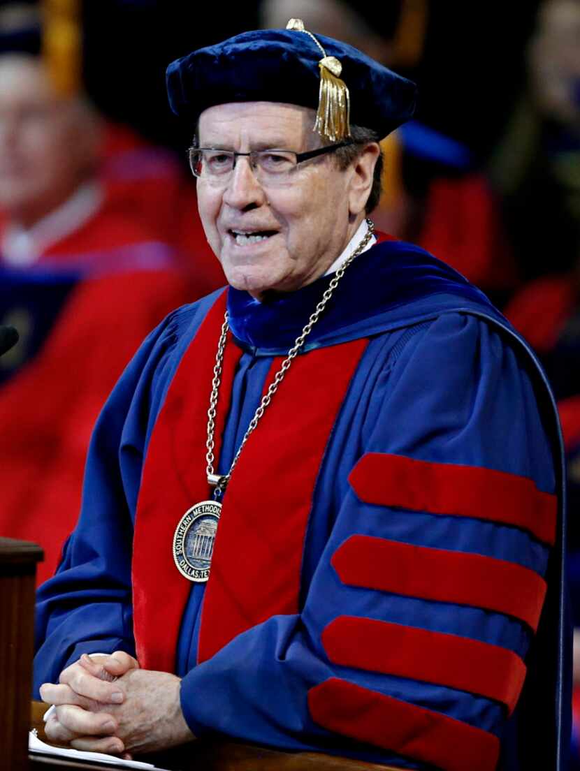 R. Gerald Turner, president of SMU, addresses the audience during the SMU May Commencement...
