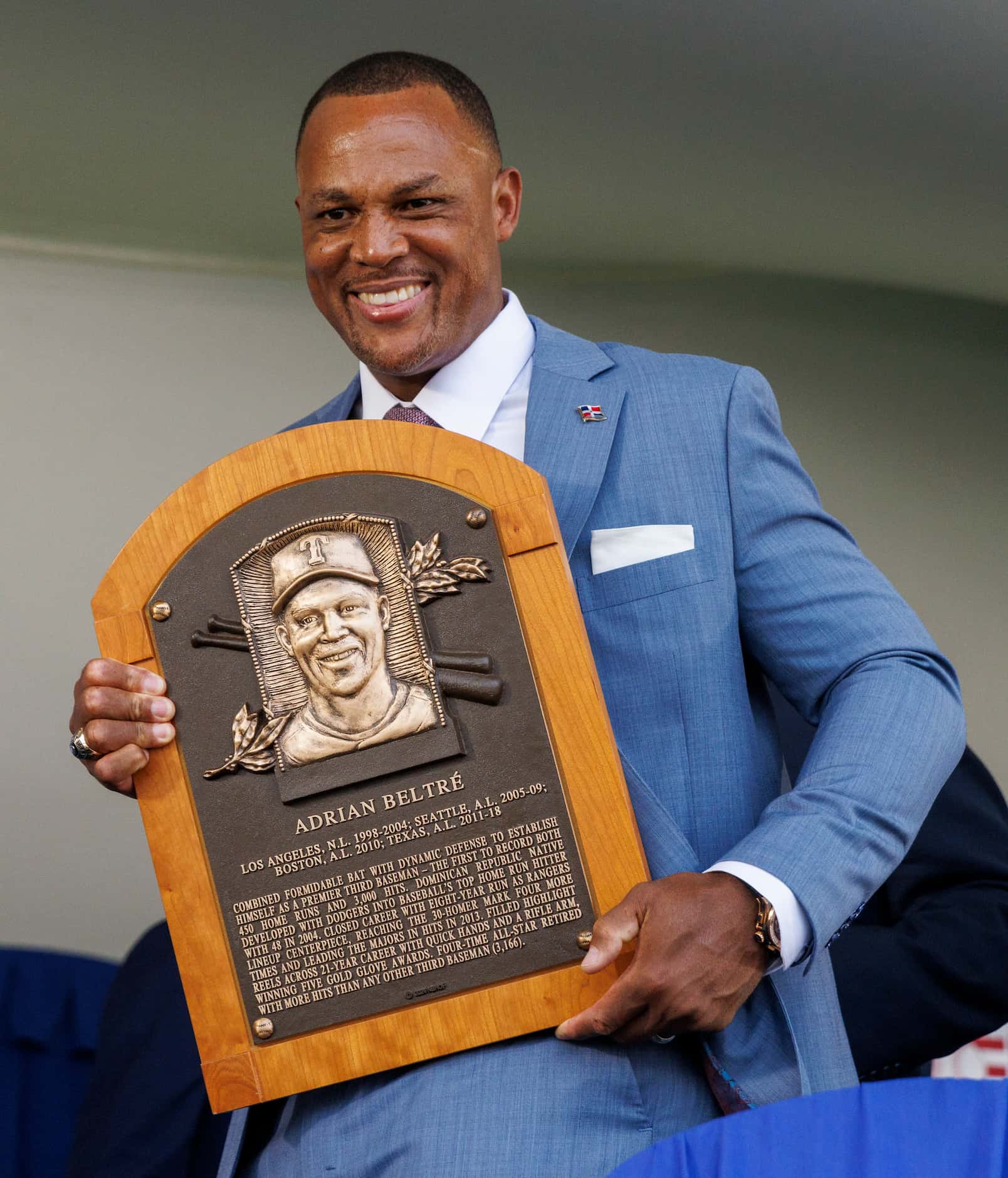 Former Texas Rangers third baseman Adrián Beltré holds his National Baseball Hall of Fame...