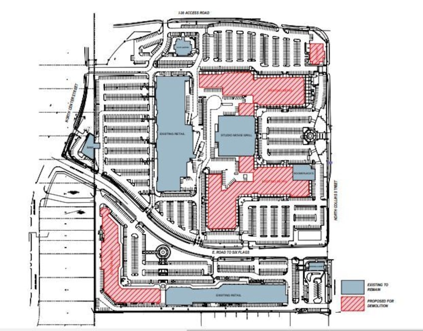 Proposal from Trademark Property Co. to redevelop Lincoln Square in Arlington. Shaded blue...