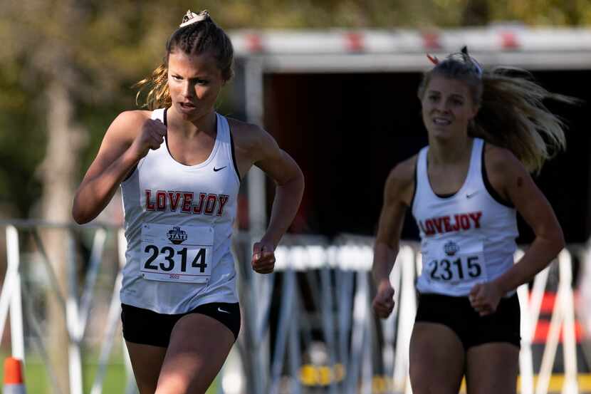 Amy Morefield of the Lovejoy Leopards competes in the 5A girls' 3200m race during the UIL...
