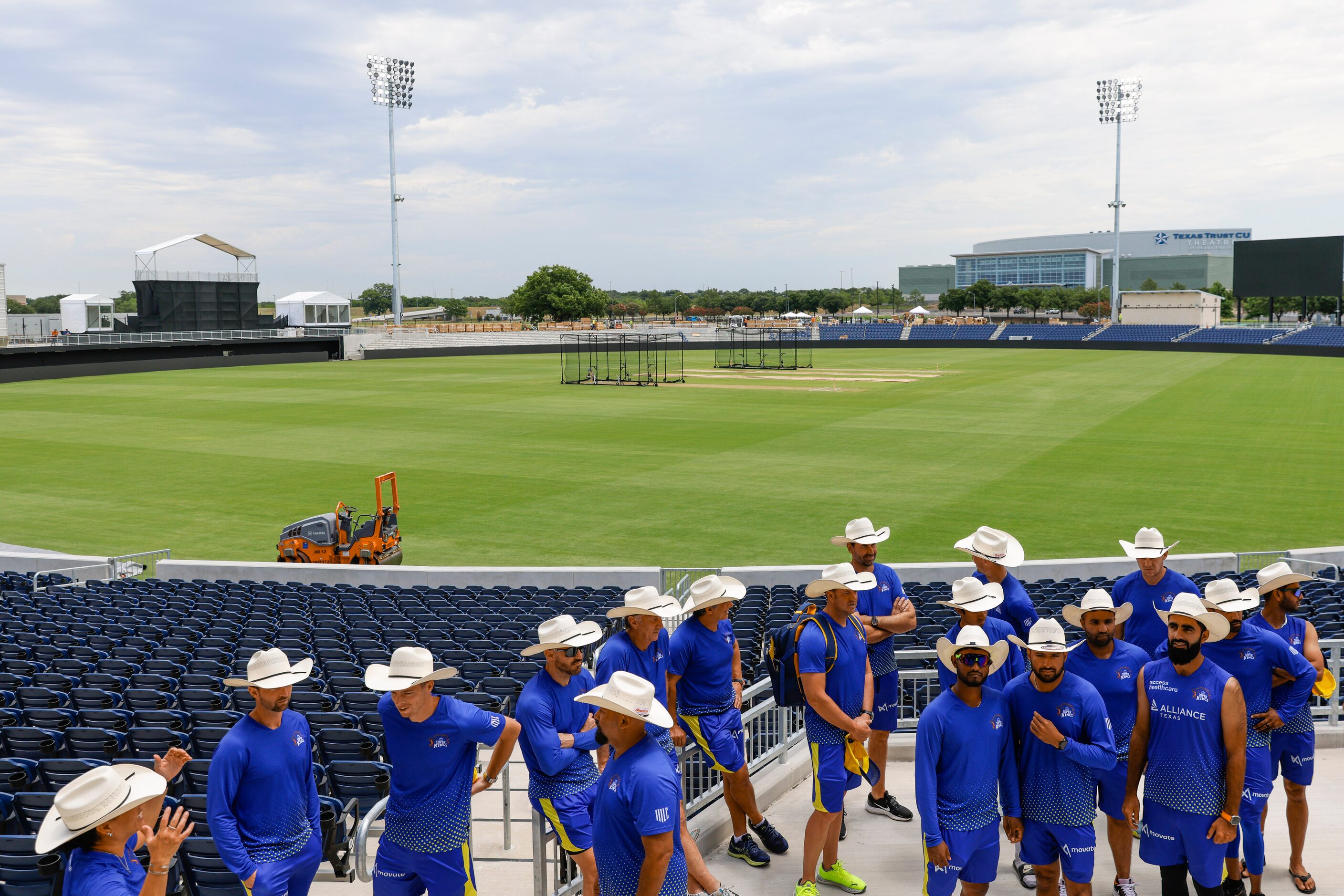 Part of Texas Super Kings players gather wearing cowboy hats ahead of a photo session during...