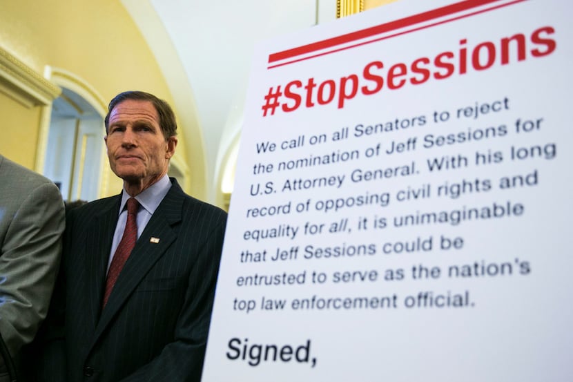 Sen. Richard Blumenthal. D-Conn., during a news conference calling for the Senate to reject...