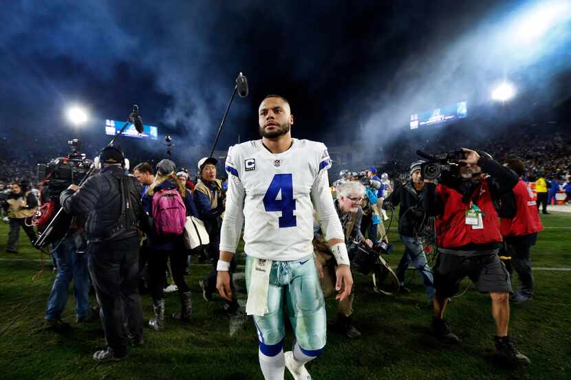 FILE — Dallas Cowboys quarterback Dak Prescott (4) leaves the field after losing to the Los...