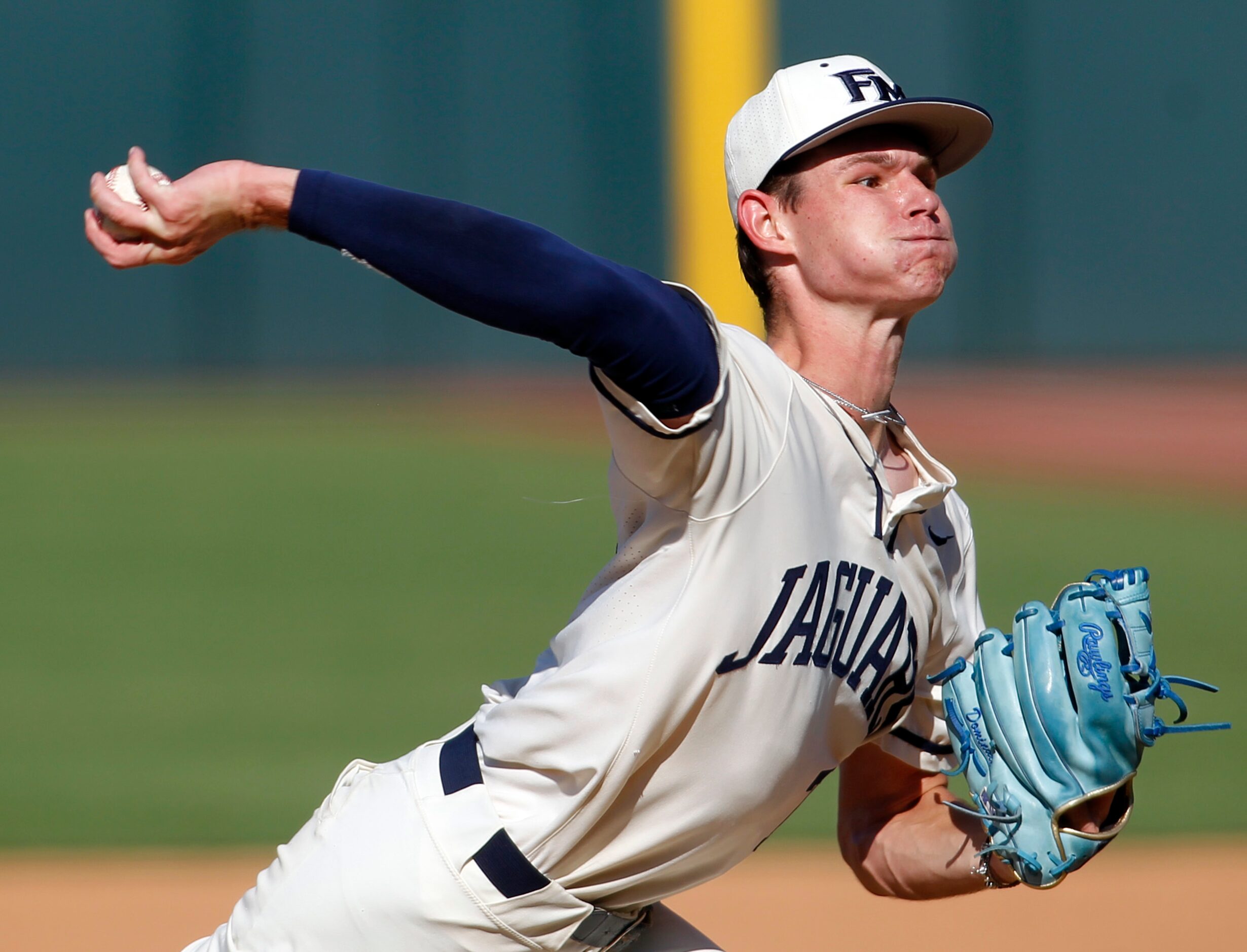 Flower Mound pitcher Zack James (7) delivers a pitch to a Pearland batter during the top of...