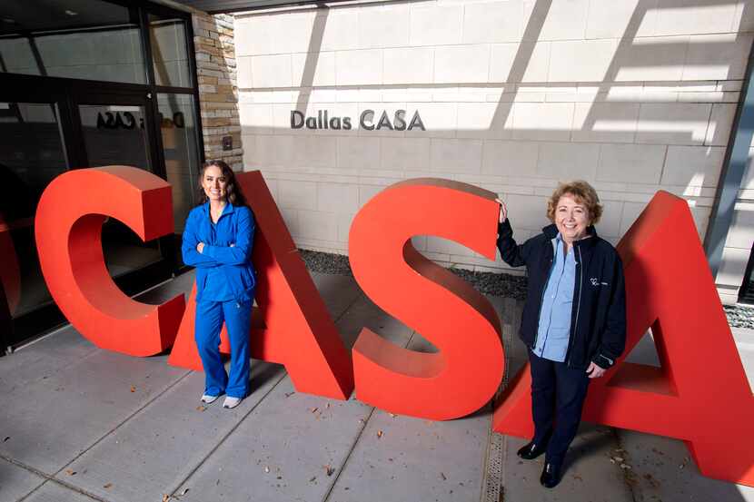 Dallas CASA volunteer Hannah Pearson (left), who is also a nurse treating COVID-19 patients...