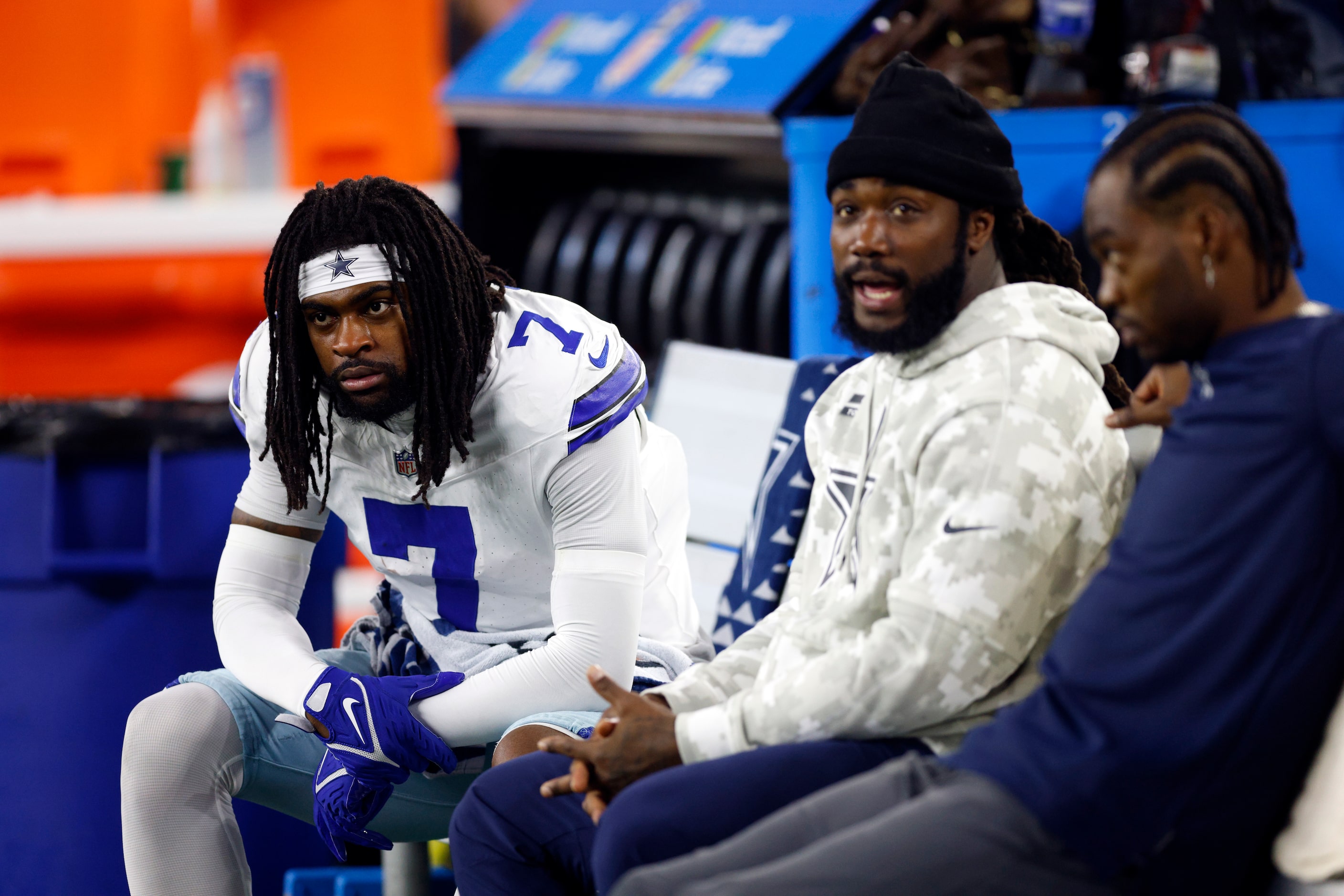 Dallas Cowboys cornerback Trevon Diggs (7) sits on the bench during the second half against...