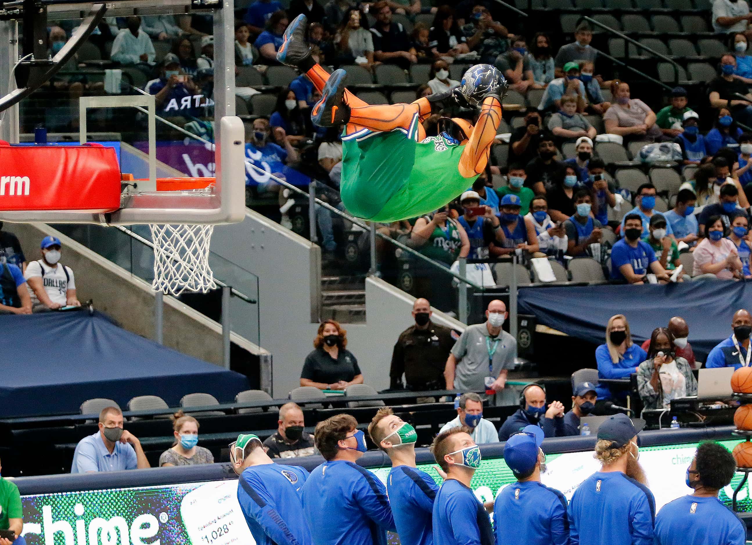 Mavs Man does some trampoline dunks before the scrimmage as the Dallas Mavericks held their...