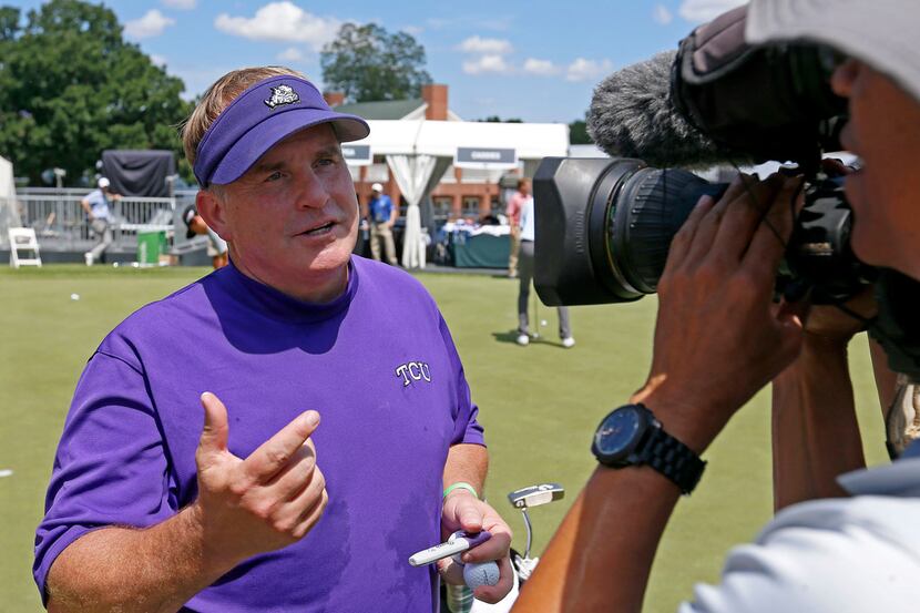 TCU head football coach Gary Patterson talks with the local media during the Colonial Pro-Am...
