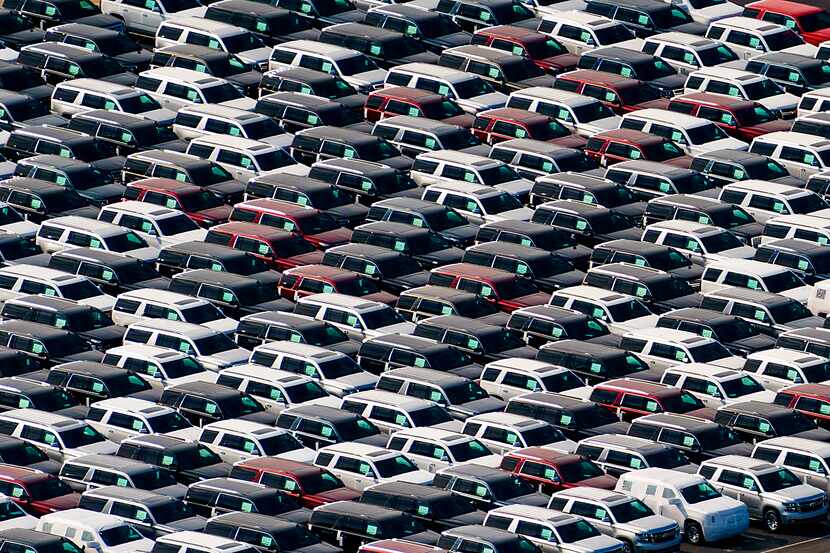 Aerial view of new SUVs on a lot near the General Motors Assembly Plant on Sunday, Jan. 12,...