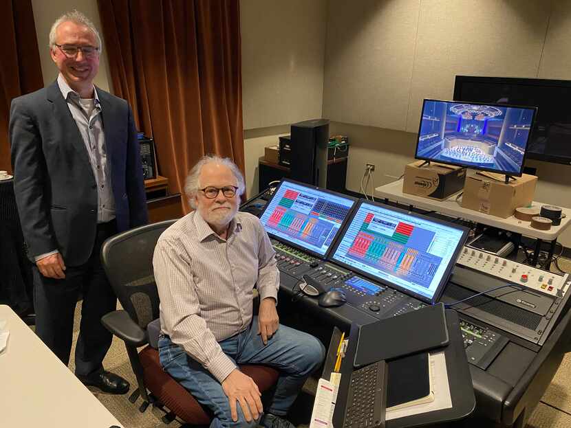 Recording producer Dirk Sobotka and audio engineer George Gilliam in the Meyerson Symphony...