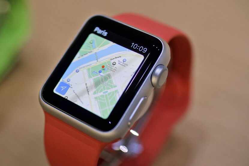 The Apple Maps app is displayed on an Apple Watch during an event in San Francisco.  (AP...