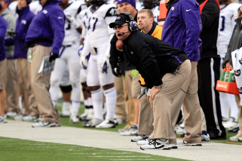 TCU coach Gary Patterson watches a field goal attempt by West Virginia during their NCAA...