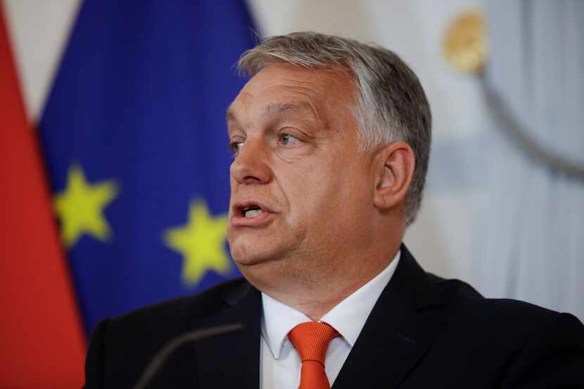 Hungarian Prime Minister Viktor Orbán addresses the media during a joint press conference...